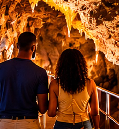 Couple exploring the caves at Harrison's Cave
