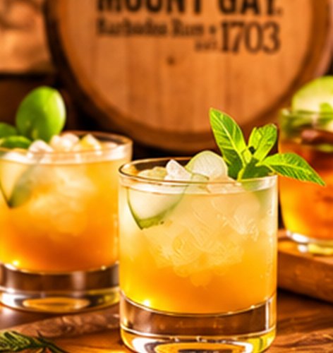 Rum cocktails in front of a Mount Gay barrel